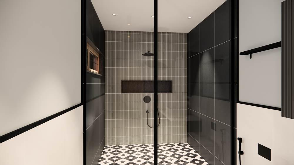 Walk-in shower with geometric tile flooring, residential interior by Arch Decode