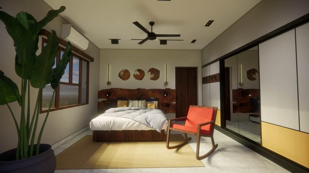 Bedroom with a live-edge wood headboard, residential interior by Arch Decode