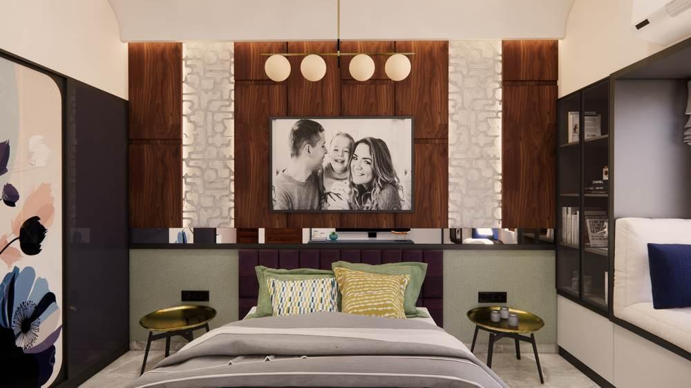 Bedroom with a wood-panelled TV feature wall, residential interior by Arch Decode