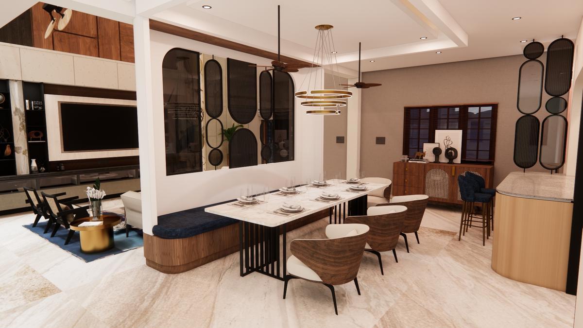 Dining area with an arched mirror partition wall, residential interior by Arch Decode