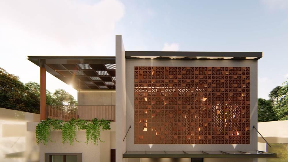 Residential facade with terracotta jaali screen and pergola by Arch Decode