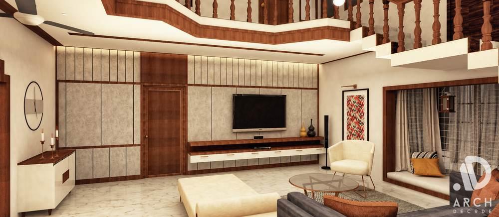 Double-height living room with staircase, residential interior by Arch Decode