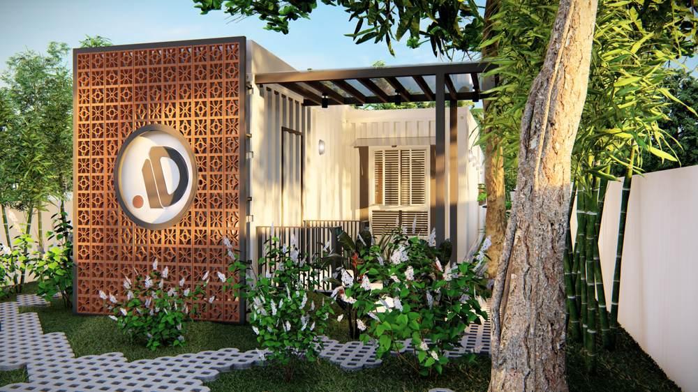 Garden entrance pavilion with the Arch Decode logo screen